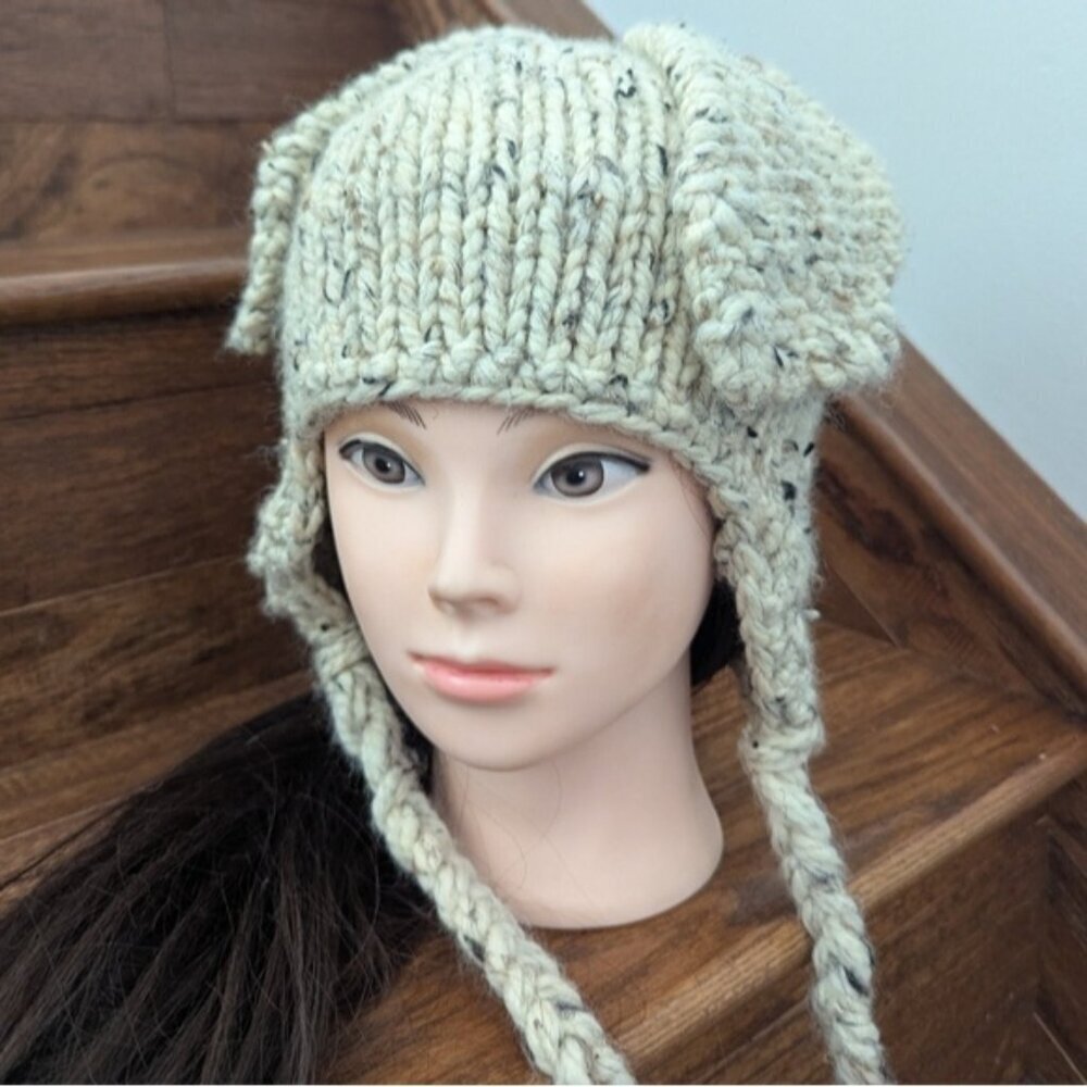Hand Knit Rabbit Hat Adult OS Wool Blend Cream With Black Accents